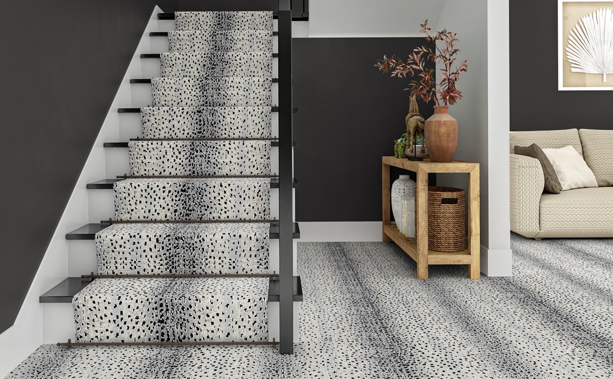 Black and white animal printed stair runner and matching carpet